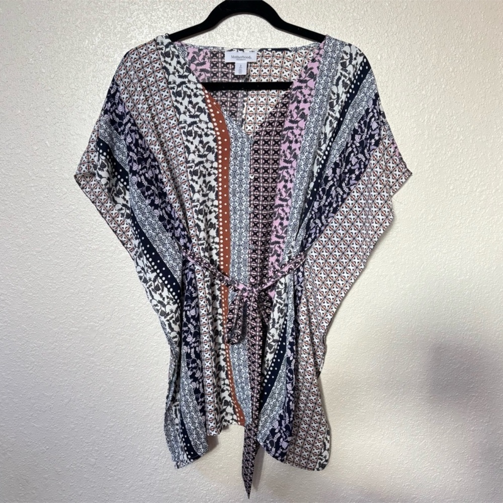 Motherhood Maternity Purple Geometric Printed Belted V Neck Blouse Small